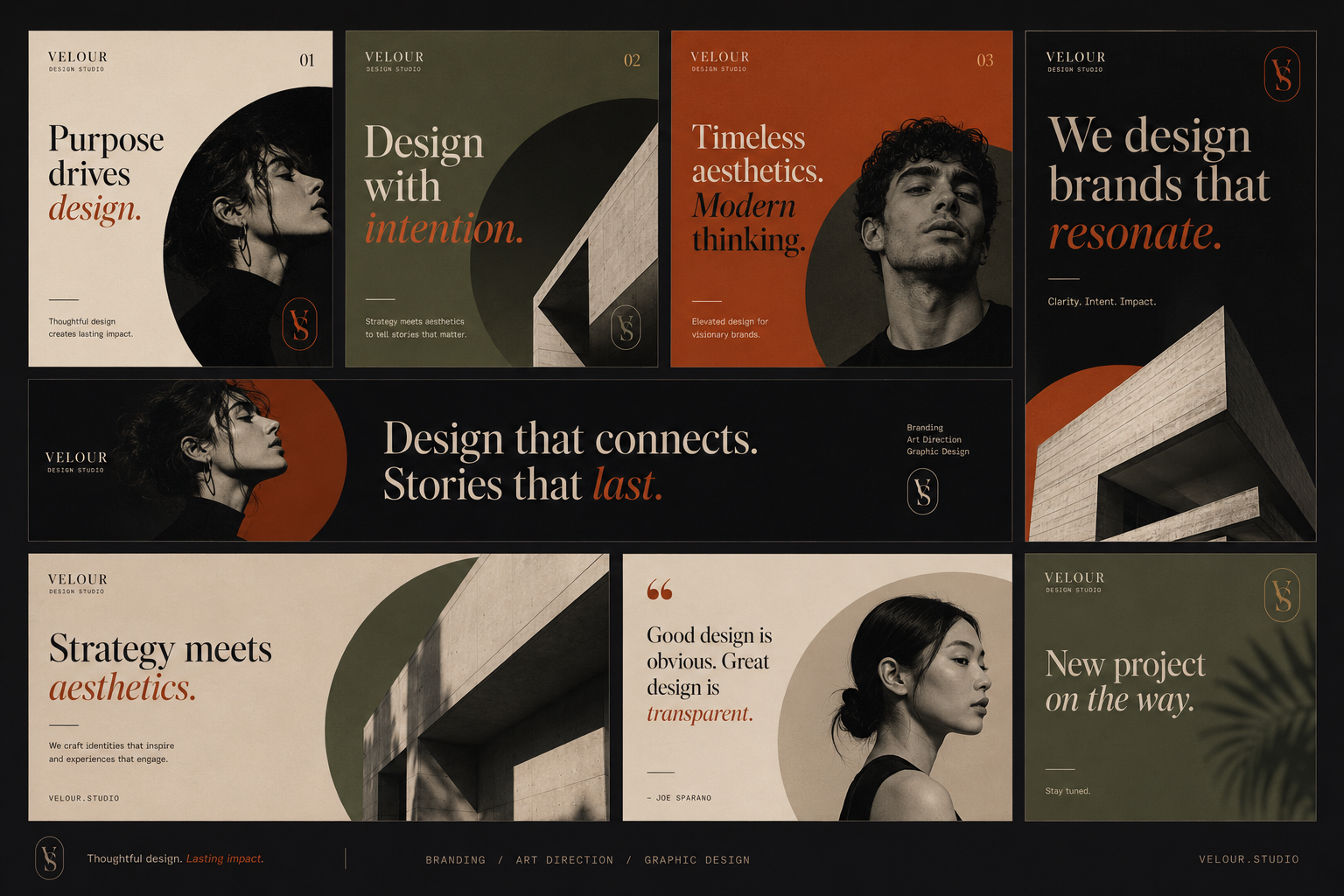 Social campaign graphics holding a visual identity across formats